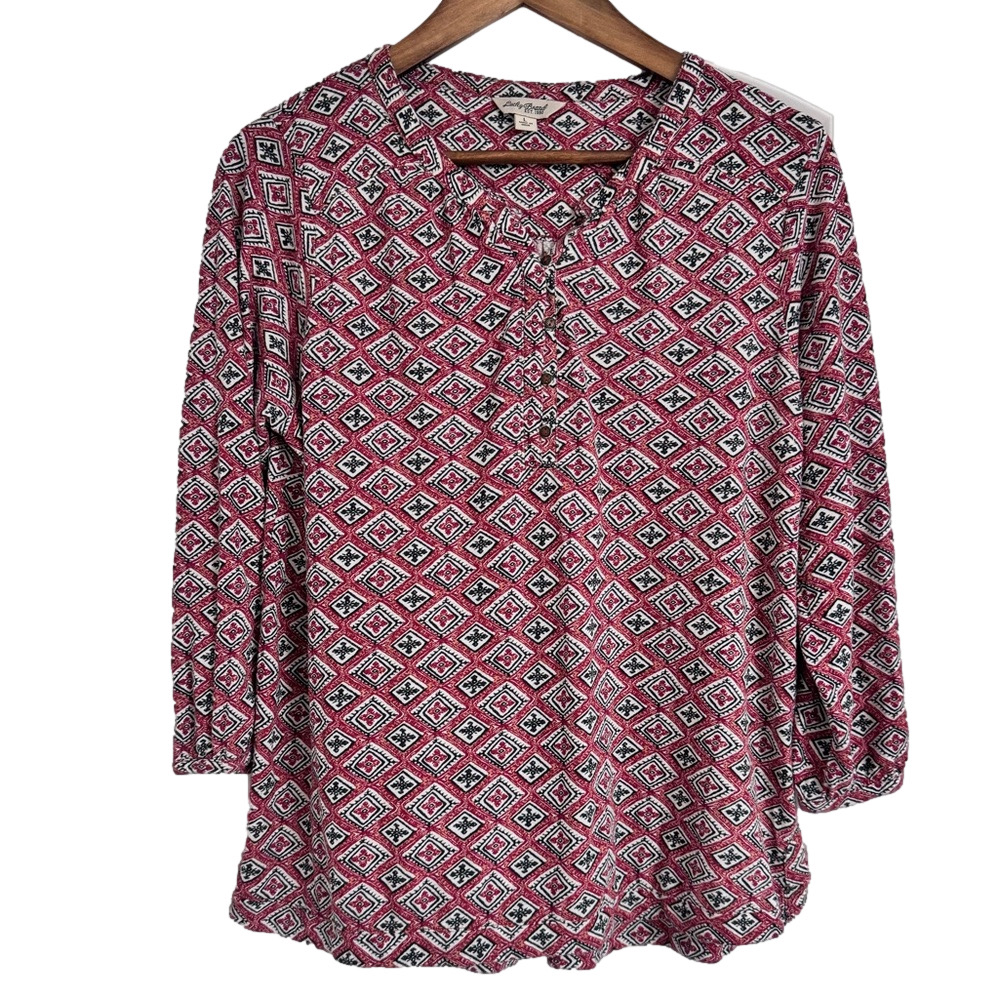 Lucky Brand Women’s Large Red & Black Diamond Pattern 3/4 Sleeve Blouse